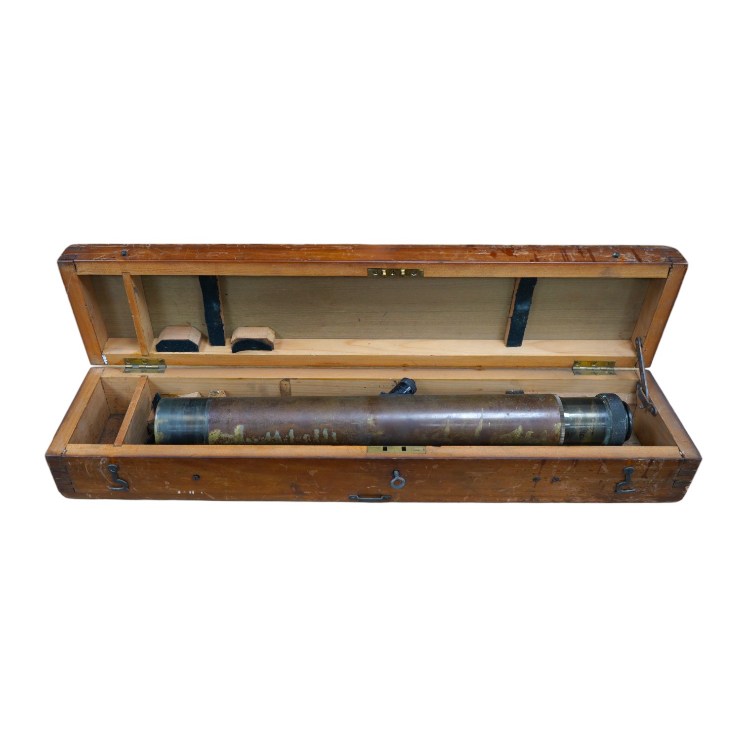 A First World War telescope gunsight by W. Watson & Sons Ltd., London, stamped S.S. Telescope x8 3348, and dated 1918, in its original pine case, sight 52cm long, case 68.5cm long. Condition - fair.